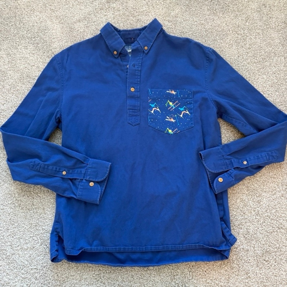 Chubbies Shirt Mens S Blue Long Sleeve Polo Henley Ski Print Chest Pocket Retro